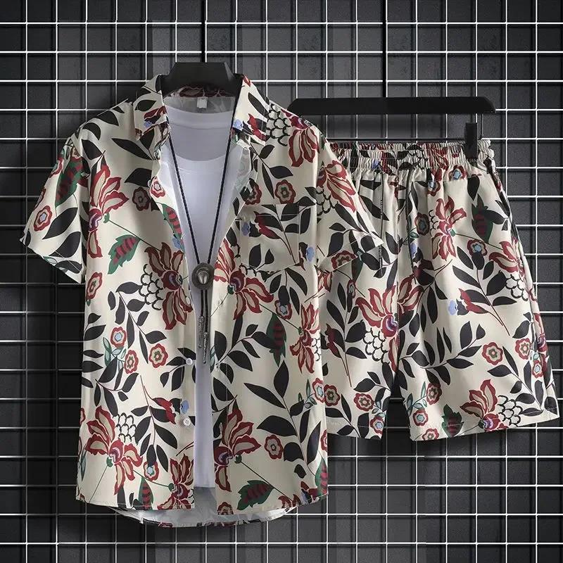Men's Summer Fashion Holiday Style Hawaiian Coconut Beach Printed Casual Comfort Short Sleeved Shirt Beach Shorts 2-piece Sets