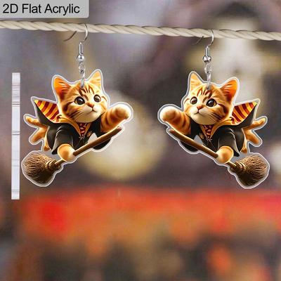 2D Płaskie 1 Para Akrylowe Halloween Czarodziej Latająca Miotła Kot Kolczyki Biżuteria Prezent dla Kobiet