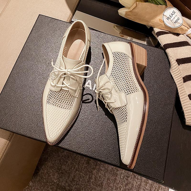 Fashion 2025 Spring Net Cloth Oxfords Women Shoes Lace-Up Ladies Brogue Flat Derby Shoes Pointed Toe Lace-up Heels Women Shoes for Women