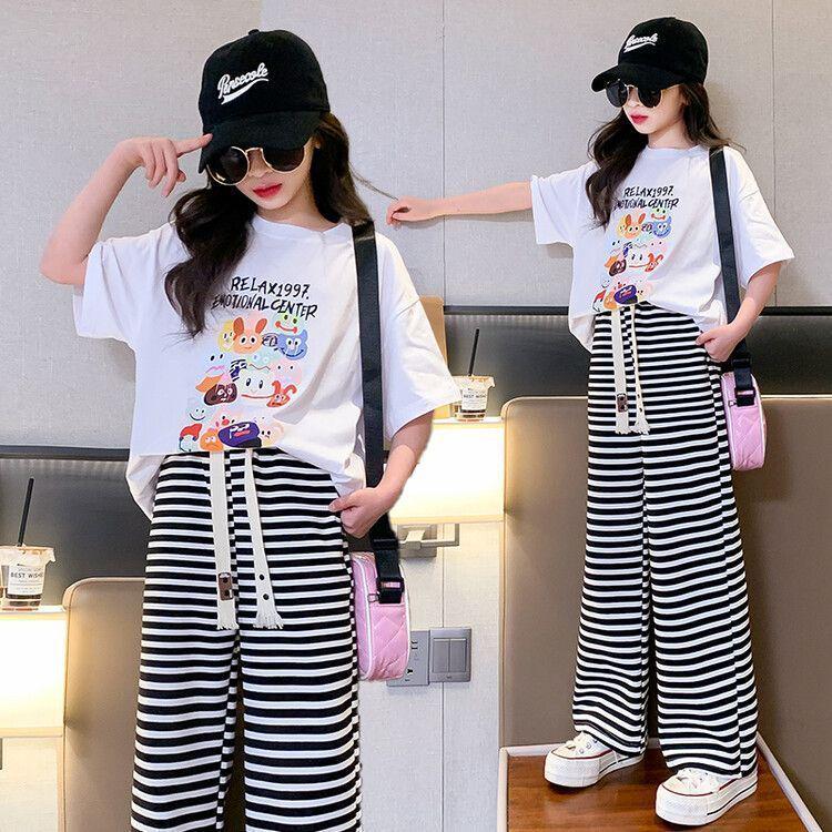 Girls Summer Two-Piece Set: Cartoon Top & Striped Wide-Leg Pants 160 cm
