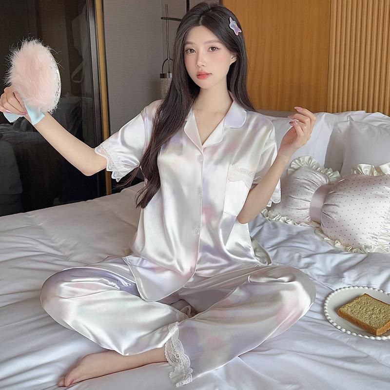 Sweet And Cool Girl Ice Silk Pajamas Women'S Summer Short-Sleeved Trousers Casual Lazy Style Loungewear Can Be Worn Outside