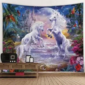 Unicorn Fantasy Tapestry  Enchanted Castle Wall Art Dreamy Magical Tapestries for Home Decor