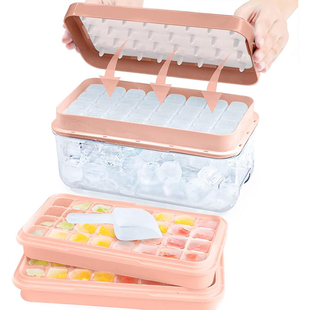 LMETJMA Ice Cube Tray with Stackable 2 Ice Trays Silicone Ice Cube Molds with Storage Bin For Freezer 64 Nuggets JTX478