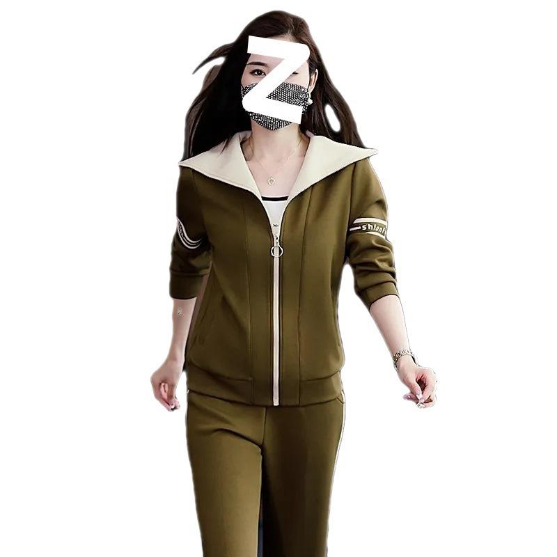 Spring and Autumn Cardigan Zipper Solid Color Middle-aged and Elderly Mother's Clothing Modern Style Age-reducing Loose Slimming Two-piece Set