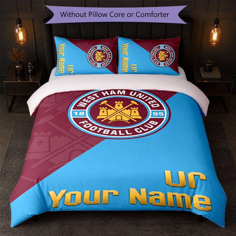 West Ham United FC Individuelles Namens-Text-Bettwäscheset 1 Bettbezug+2 Kissenbezüge Fußball-Logo Personalisierte Geschenkidee für besondere Anlässe Schlafzimmerdekoration