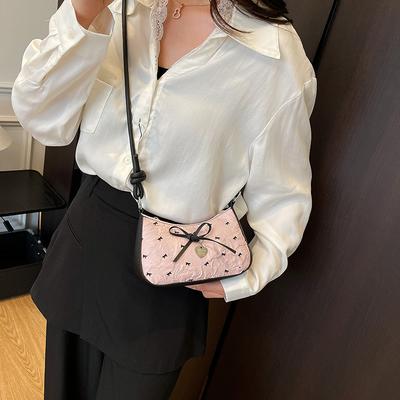 Korean Sweet Seersucker Bow Underarm Bag Women's High-end Black Pink Contrasting Color Shoulder Messenger Bag Commuter Bag