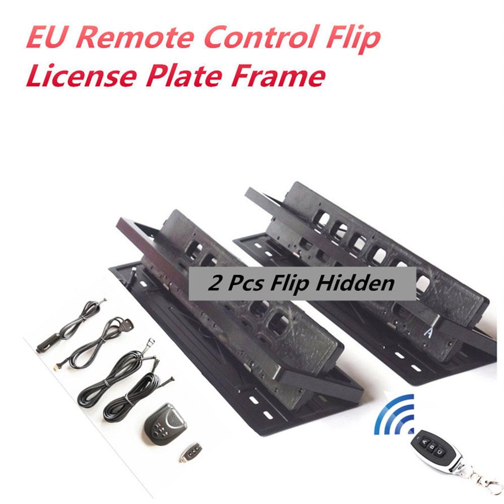 2Pcs Upgrade EU Remote Control Flip Flipable Retractable License Plate Frame,Car Number Swap Shift Turn Blinds License Plate