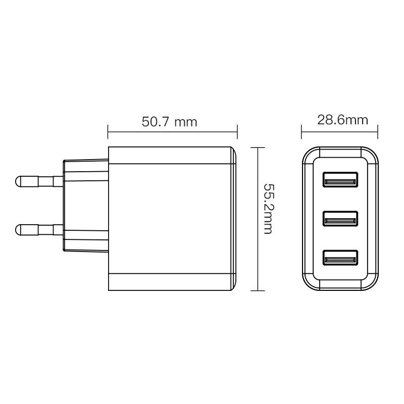 Cap de încărcare rapidă european multi-protocol QC3.0 QC18W+18W Încărcător rapid coreean cu porturi multiple 3 USB Încărcare rapidă independentă