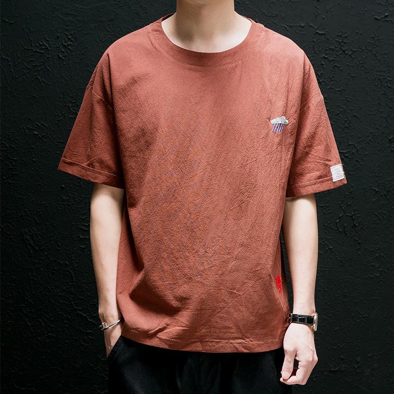 Men's Summer Cotton-Linen Short-Sleeve Chinese Style Embroidered Casual T-Shirt
