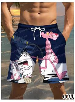2025 Summer Shorts, Men's Pink Pantela Print, Hawaiian Beach Surf Shorts Casual