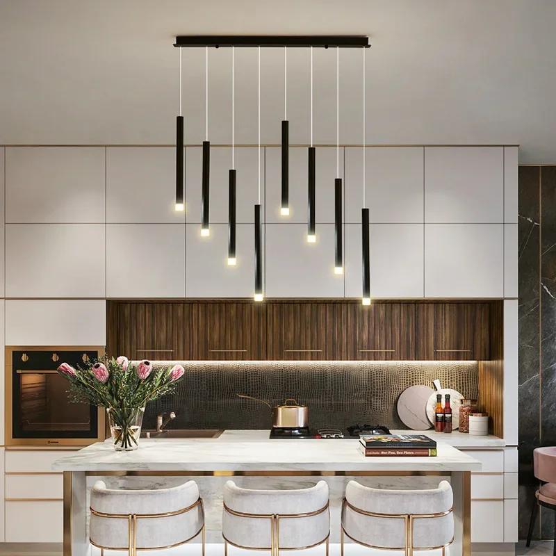LED Restaurant Pendant Lamp Nordic Long Downlight Kitchen Dining Room Table Modern Black Hanging Chandelier Office Cafe Lighting