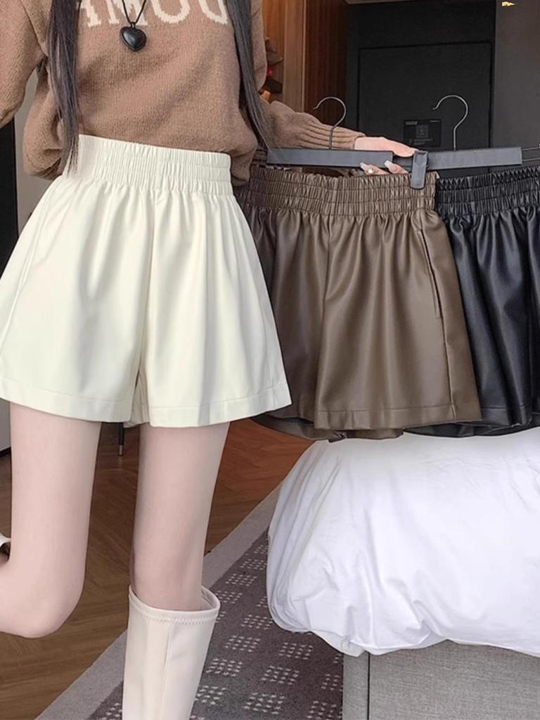 Women's High-Waist PU Leather A-Line Pants: Black Wide-Leg, Loose Fit for Autumn/Winter 2023