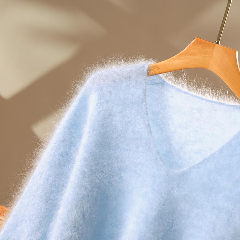 Women's Soft Brushed Cashmere V-Neck Sweater - Loose, Fluffy, Lazy Style Base Layer
