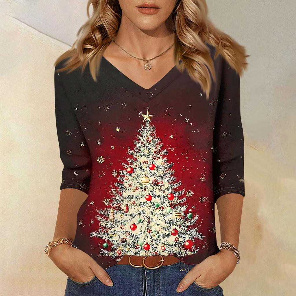 Women's Fashion Casual V Neck 3/4 Sleeve Loose  Printed T-Shirt Ladies Top