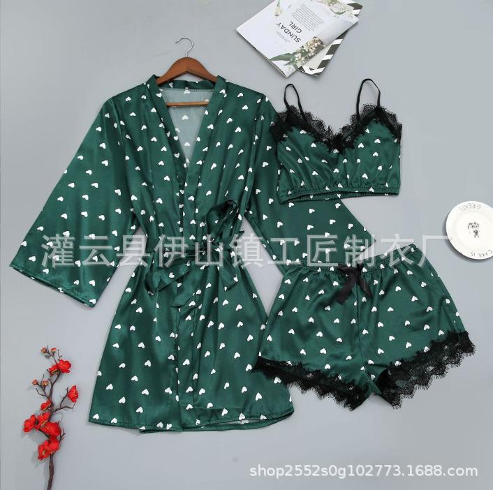 New summer women s sexy satin three-piece lace suspender shorts long-sleeved set loungewear S зелёный