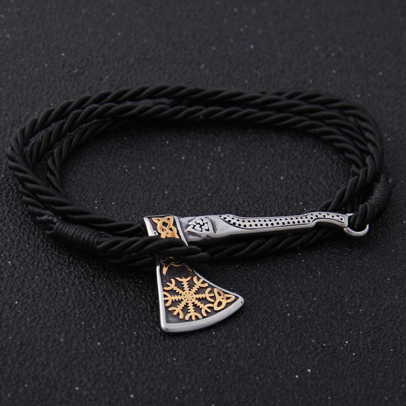 Viking Valknut Axe Leather Bracelet for Men Women Nordic Jewelry Gift with Wooden Box