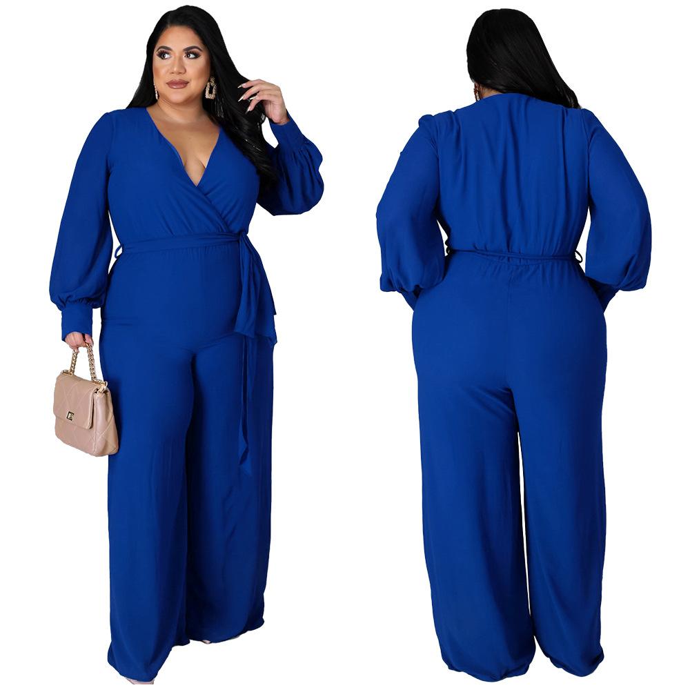Tuta da Donna Taglie Forti Moda Temperamento Ampia Gamba Dritta Tinta Unita Cintura
