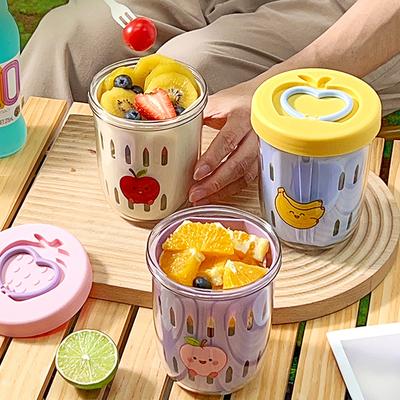 Cartoon Plastic Oat Cup With Fork&Handle Double-Layer Drain Fruit Cup Kids Students Portable Leak Proof Food Container Salad Cup