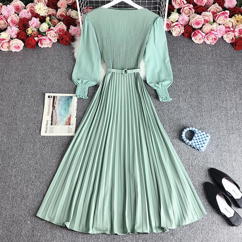 Spring Autumn Women Elegant Long Sleeve A-line Dress Office Lady High Waist Solid Pleated Dress