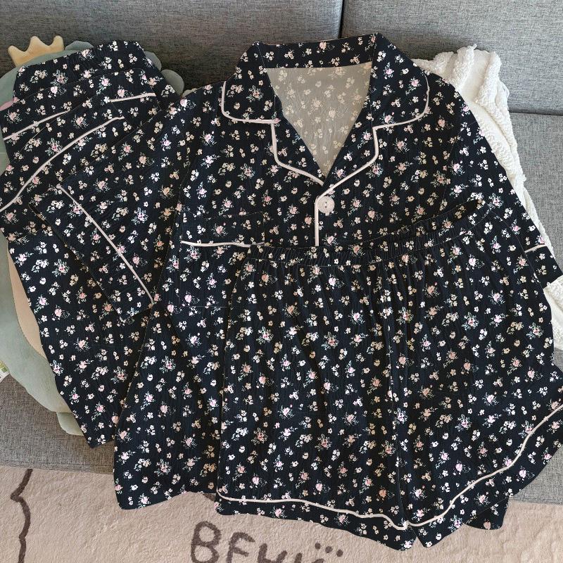 Retro French Small Floral Wrinkled Pajamas Women'S Spring Summer Short Sleeves Casual And Comfortable Three-Piece Set