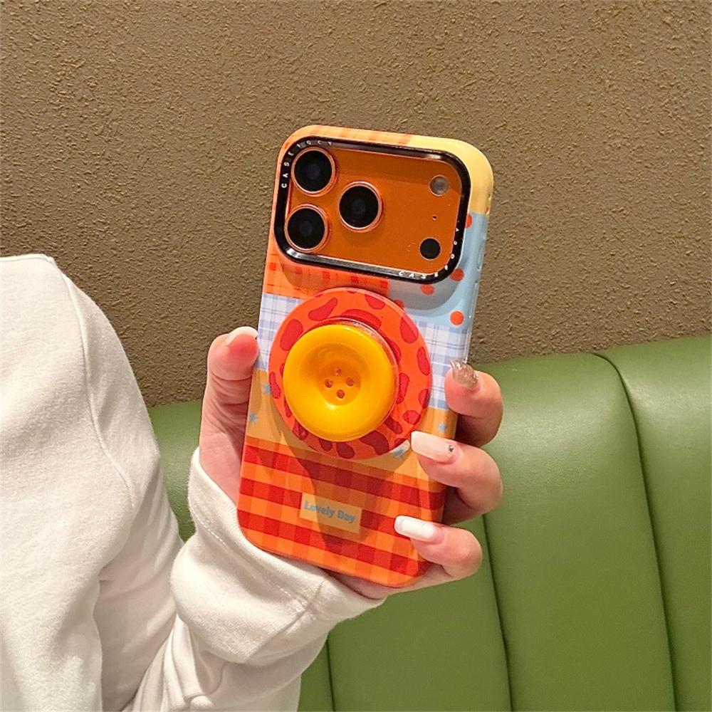 Korean Plaid Pattern Stripes Magnetic Phone Case For iPhone 17 Pro 16 15 14 Pro Max Cover with Cute Button Stand Hard Cases Fund