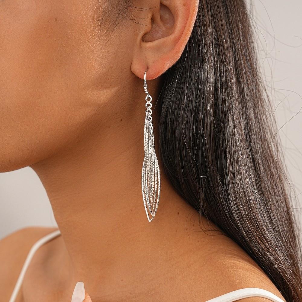 Gold Silver Metal Hollow Earrings Oval Hollow Ear Clip Long Tassel Dangle Earrings  Party