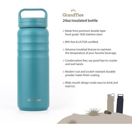 GRANDTIES Vacuum Insulated Stainless Steel Wide Mouth Water Bottle (Atlantis Blue), 709ml, with Two Lids, Direct Drinking, Keeps Hot or Cold Water Hot