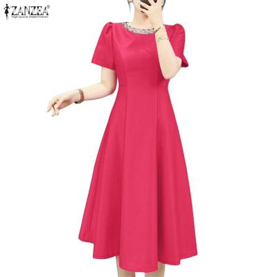 Damen Lässiges Sommerkleid mit Rundhalsausschnitt und kurzen Ärmeln