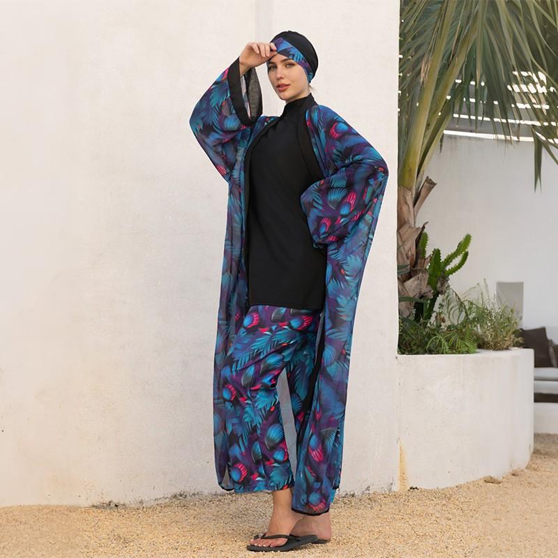 Modest Plus Size Muslim Swimwear Set Women Long Sleeve Rash Guard Wide-Leg Pants Hijab Cover-Up