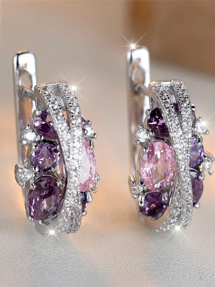 Charm Female Pink Blue Crystal Zircon Stone Hoop Earrings Silver Color Simple Wedding Jewelry For Women