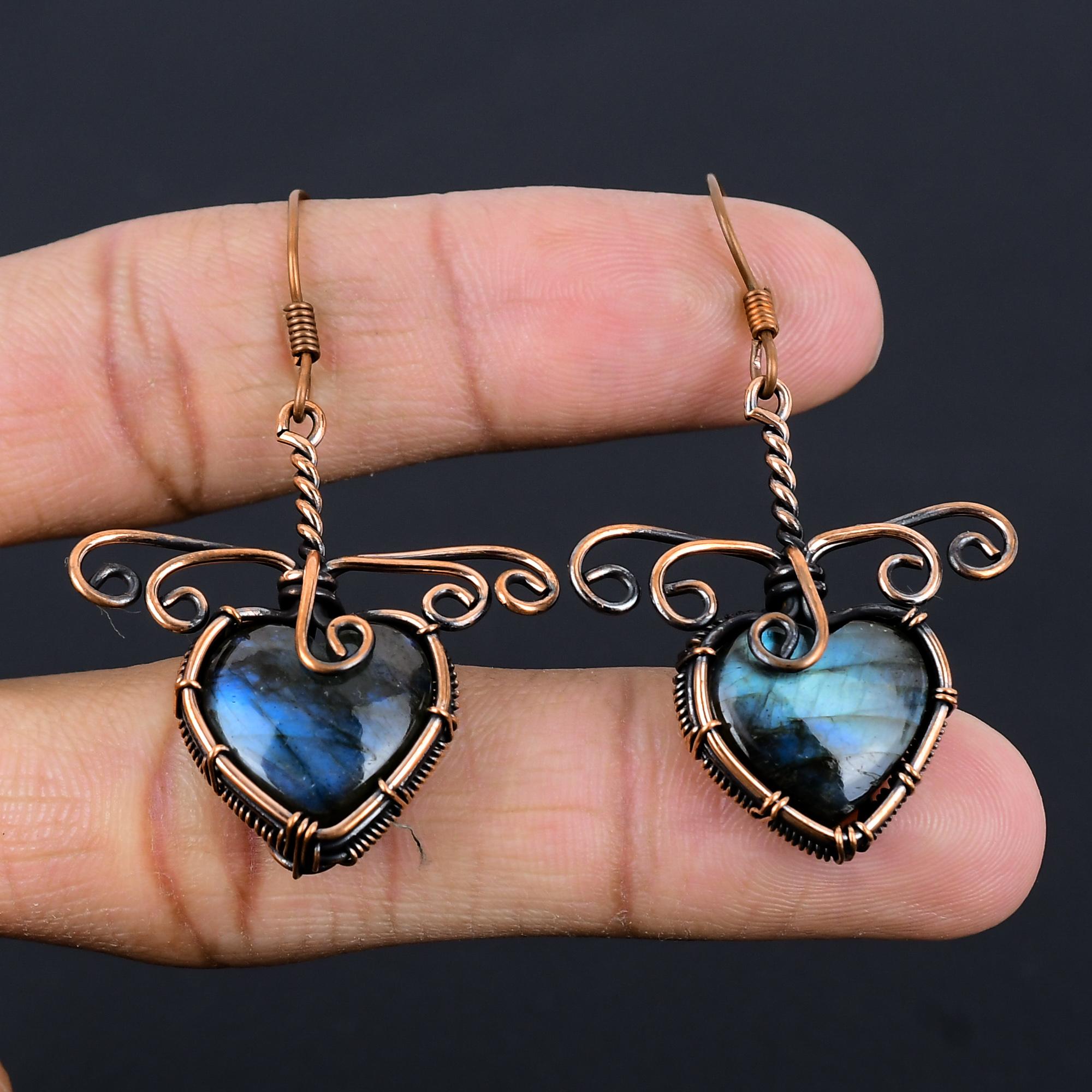 

Серьги из лабрадорита, обернутые медной проволокой 999 пробы, Ювелирные изделия с драгоценными камнями ручной работы, Подарки для жены, Совершенно новые серьги 2.55 Inches