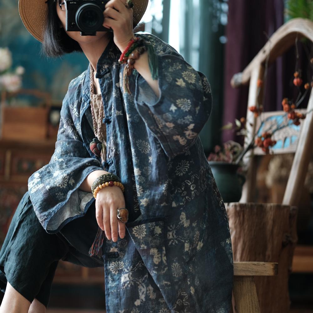 Johnature Women Vintage Print Floral Shirts Tops Print Floral Linen Blouses Spring Stand Long Sleeve Women Shirts