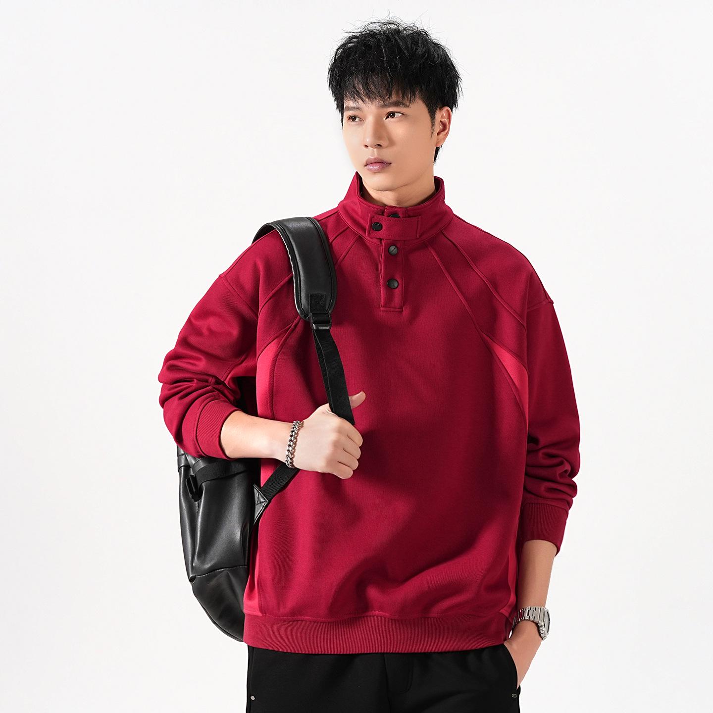 

Men s Trendy Retro Stand Collar Patchwork Polo Hoodie 4XL fits 220-240 jin вина червоного кольору