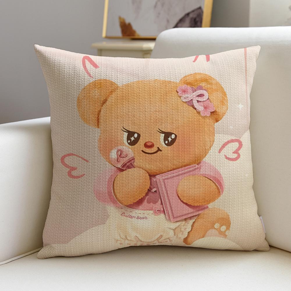 Cute BButter BearS Cushion Cover Breathable and Skinfriendly Linen Pillowcase Square Removable and Washable Cushion