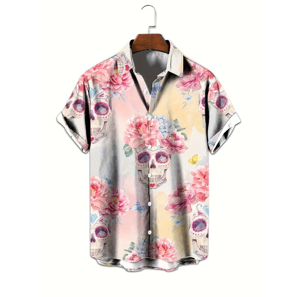 Colorful Skull 3D Printed Shirt Street Hip Hop Fashion Personality Men's Casual Tops Summer Loose Short Sleeve Hawaiian Shirt
