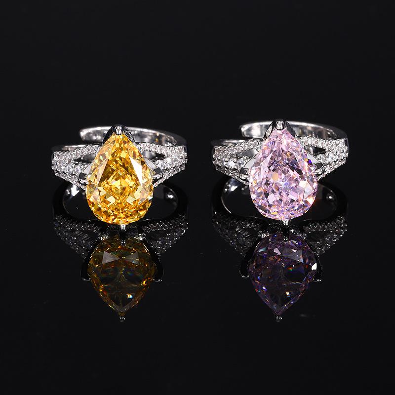 Jewelry Copper Bottom Gold-Plated High Carbon Diamond Ice Flower Cut Water Drop Copper Inlaid Temperament Simple Ring Women 10 * 14