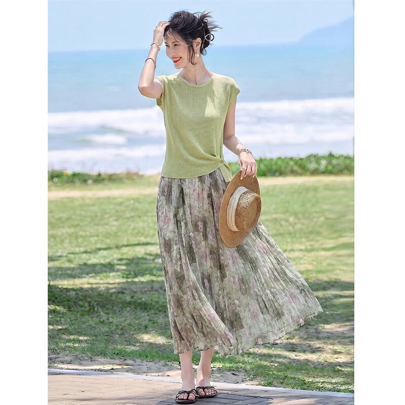 Xinfayu Elegant Slim-Fit Linen Knit Top & Flowy Skirt Set
