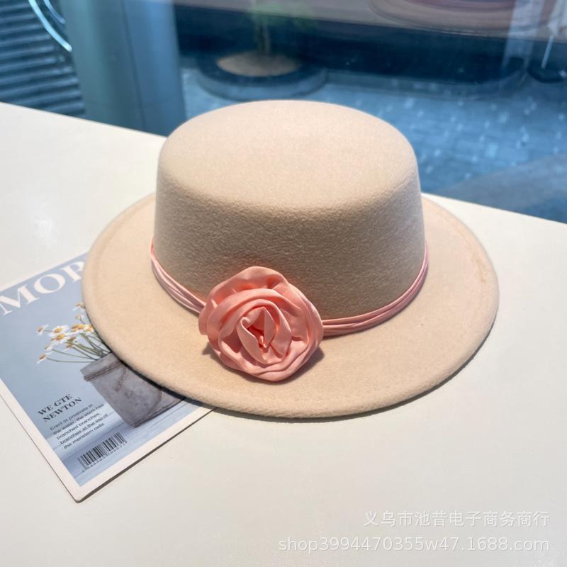 Rose flower strap flat top woolen top hat female autumn and winter warm sweet cute fashion versatile performance flat top hat