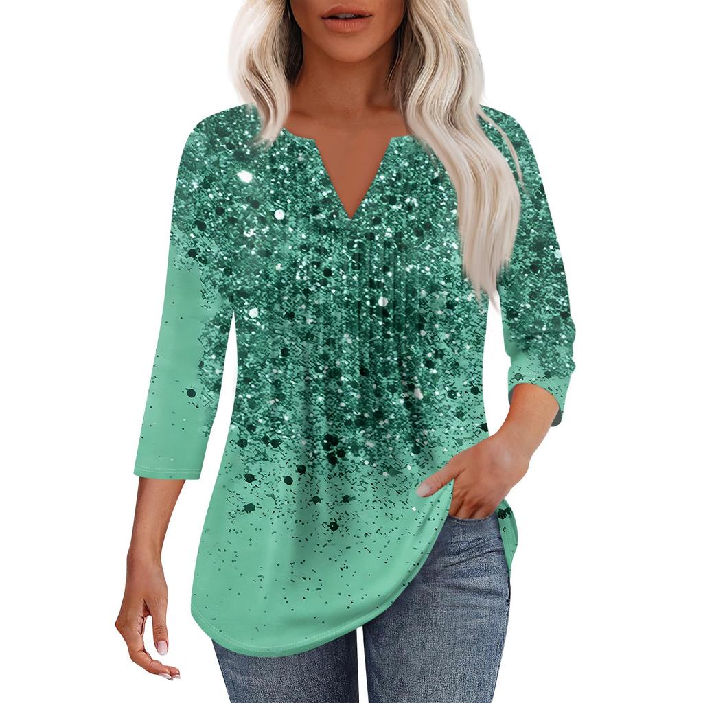 Women's Fashionable Casual Pleated  V Neck Solid Color Seven Quarter Sleeve T-shirt Top