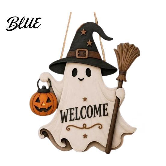 Pumpkin Lantern Decor Halloween Wooden Hanging Door Sign Cute Ghost Welcome Ornament with Witch Sign Hat Design Holiday Wall for Front Porch