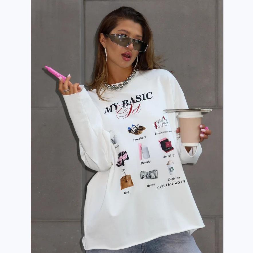 

2025 Early Autumn Trendy Loose-Fit Long-Sleeve T-Shirt for Women - European & American Style, Pure Cotton, Fun Print M (Recommended 48-52.5 kg)