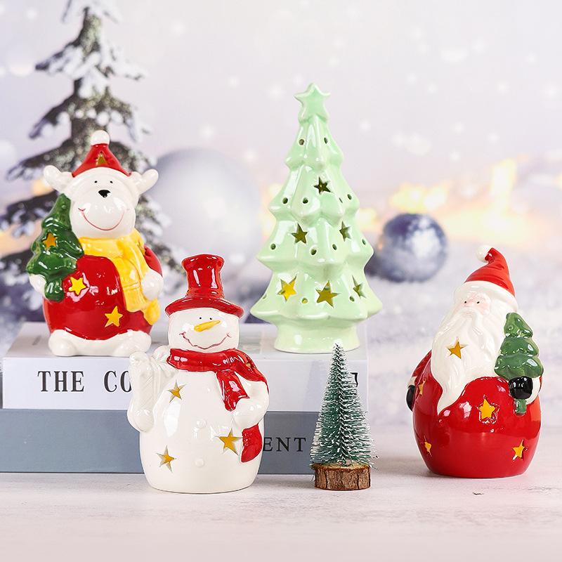 Christmas, Ceramic Small House, Snowman, Deer, Old Man, Hollow Design, Christmas Handicraft Ornaments, LED Light Atmosphere Decoration, Small Gift