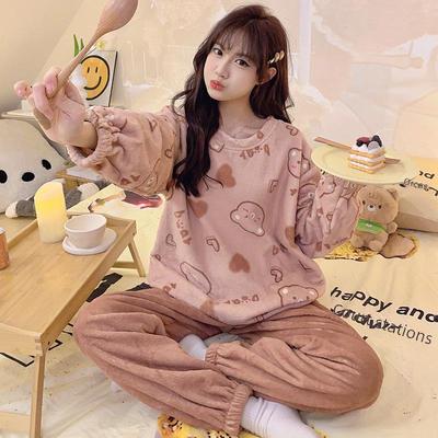 Set Pigiama Morbido in Flanella da Donna - Autunno/Inverno, Carino Pile Corallo, Collo Tondo Stile Coreano Abbigliamento per la Casa