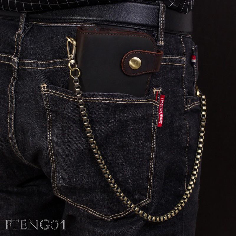 Men's Long Wallet Genuine Leather Vintage Bronze Chain Waist Chain Multi-Card Slots Billfold Wallet With Shoulder Strap For Men