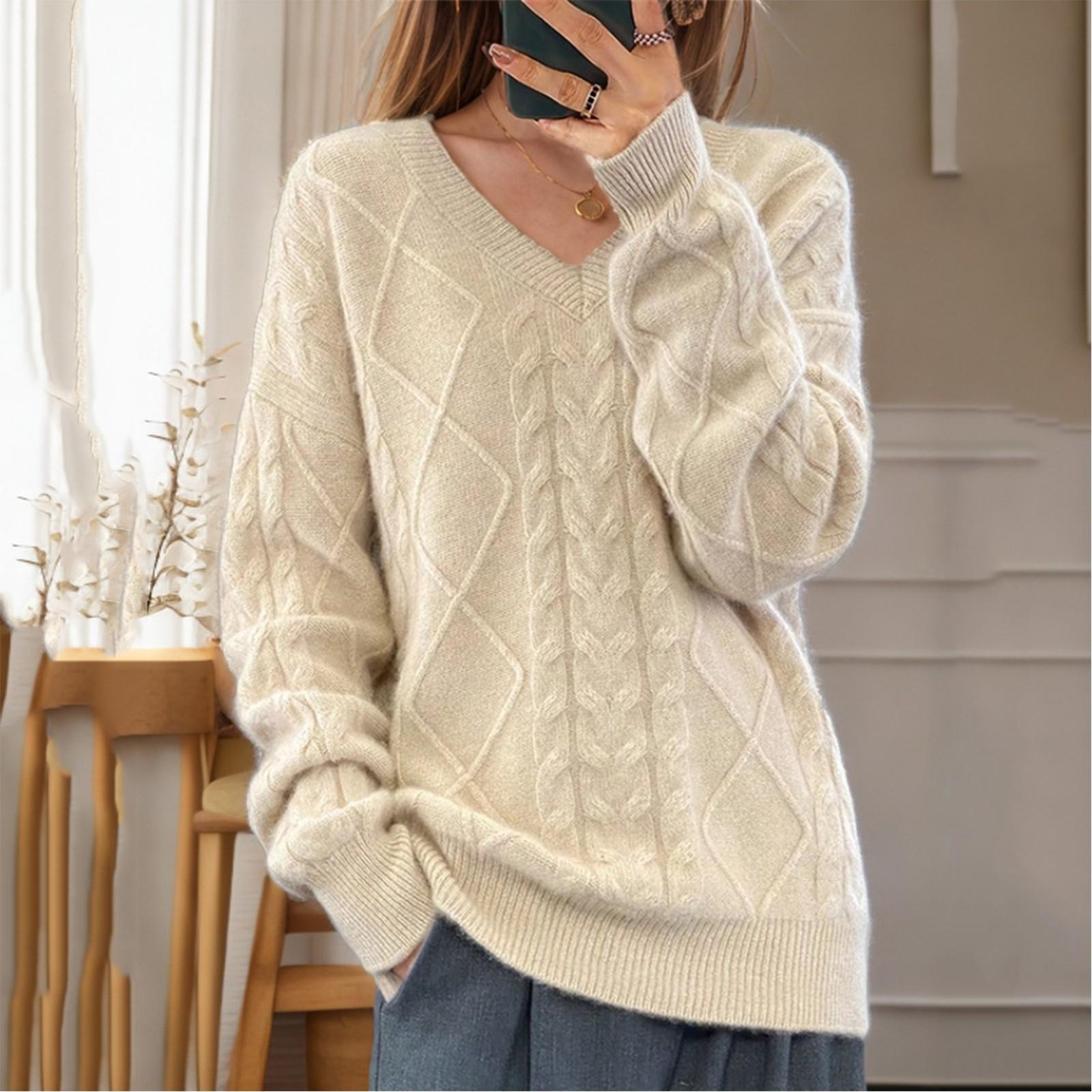 

Женский модный однотонный трикотажный свитер с V-образным вырезом, повседневный свитер L бежевый