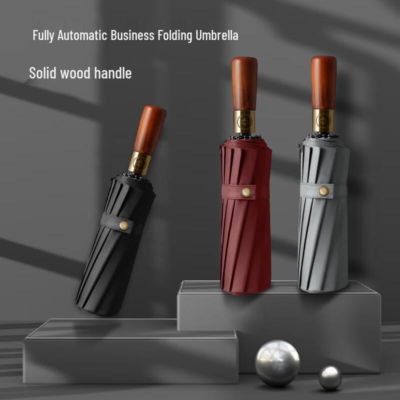 Retro Automatic Folding Umbrella with Solid Wood Handle