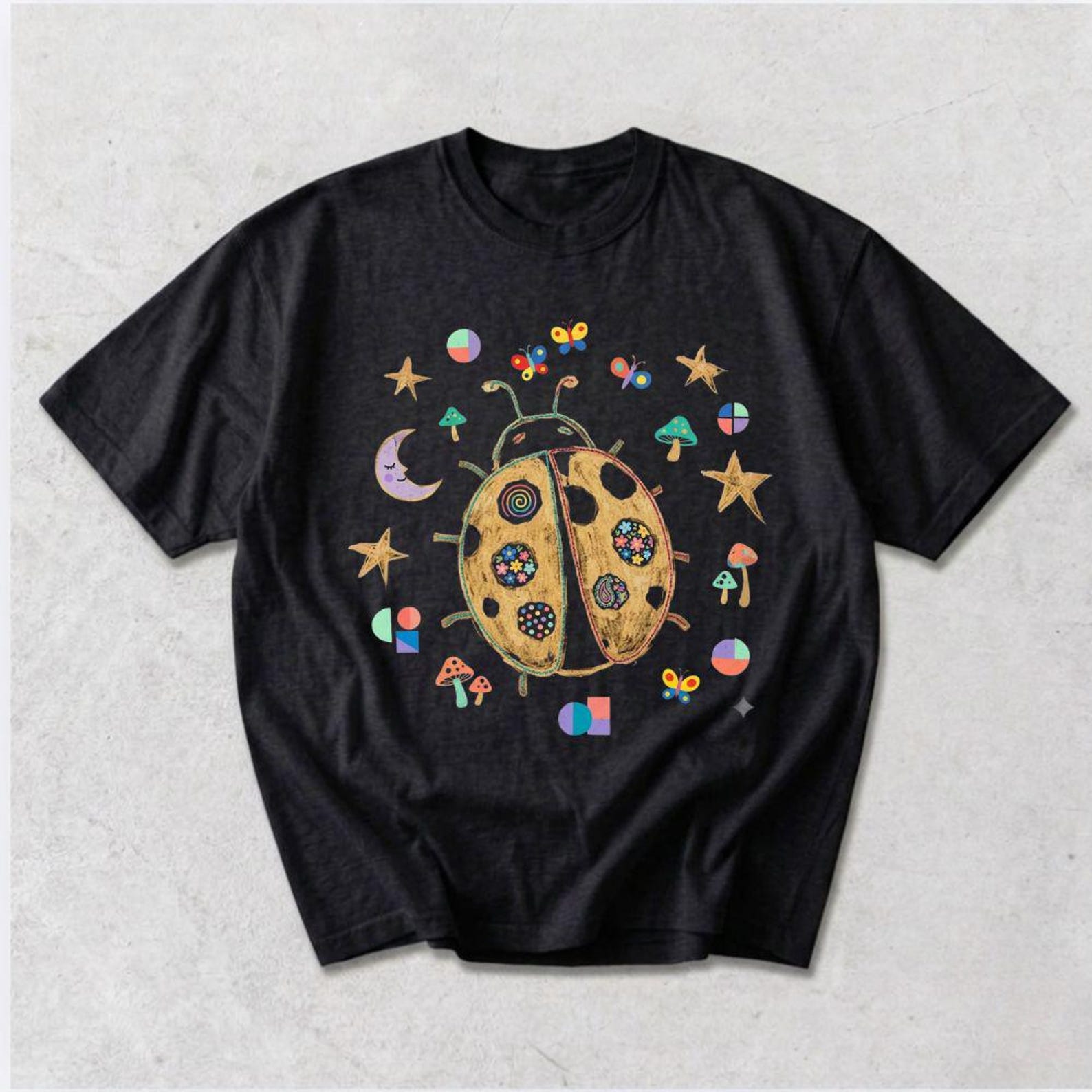 Ladybug Graphic T-Shirt | Whimsical Celestial Insect Tee | Boho Moon and Stars Shirt | Retro Beetle Mushroom Art Top 4XL