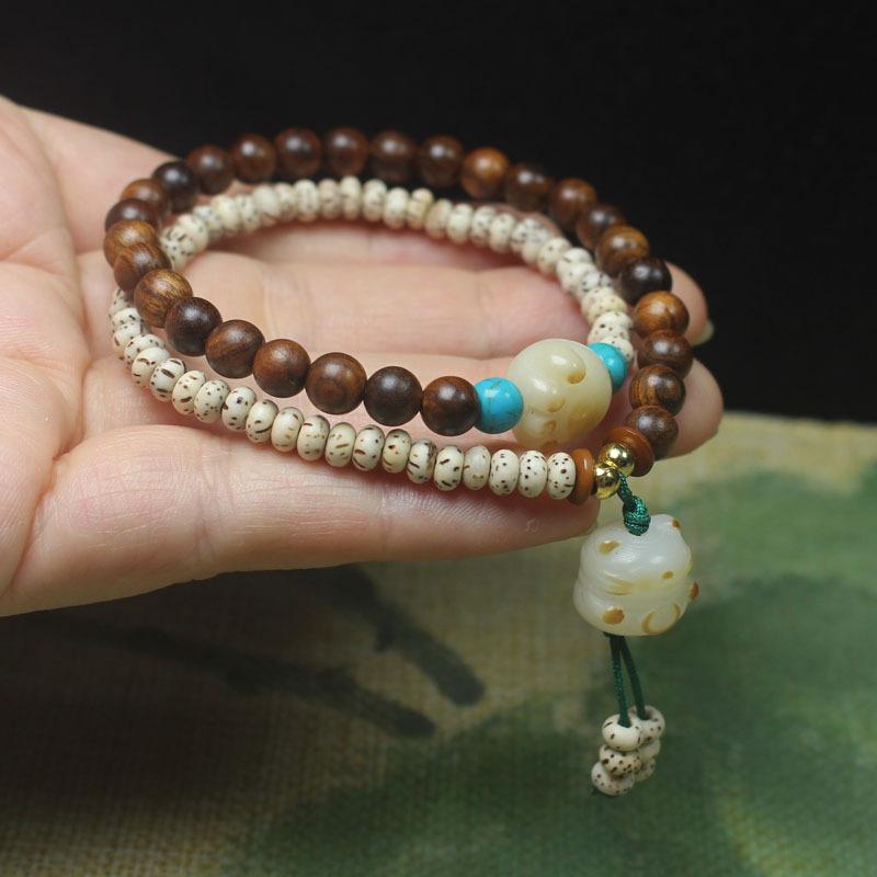 Black Rosewood 6mm & Star Moon Bodhi Double Layer Bracelet with Cat Pendant, Forest Style Jewelry for Women