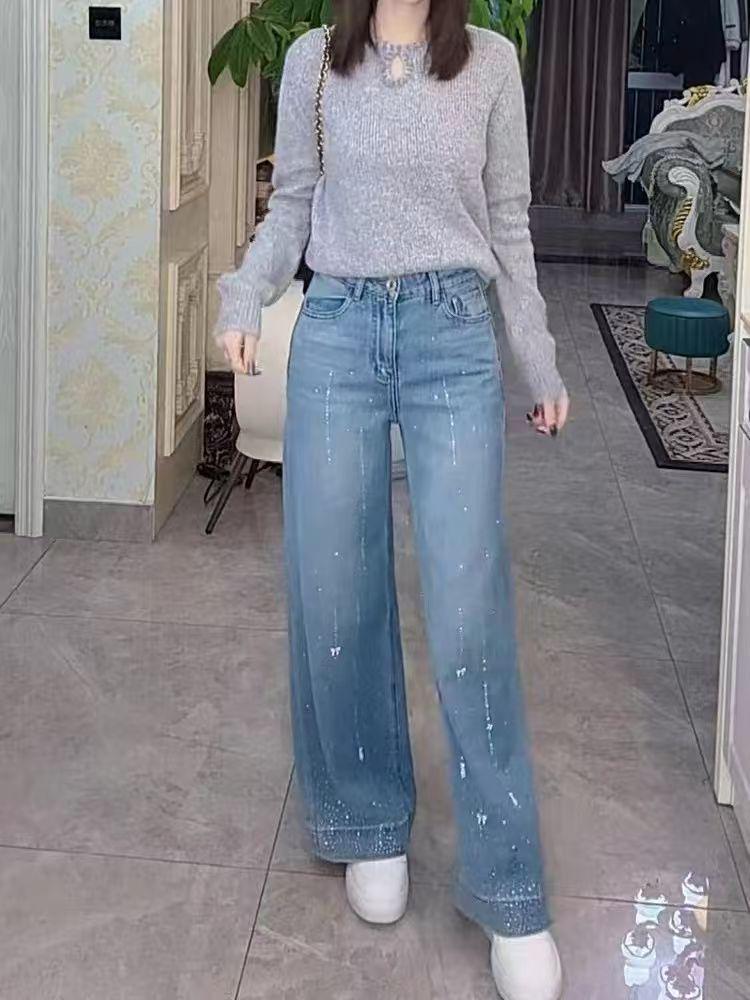 High-Waisted Glitter Rhinestone Jeans for Women - Spring/Autumn 2026 Trendy High-End Straight/Narrow/Wide Leg Style