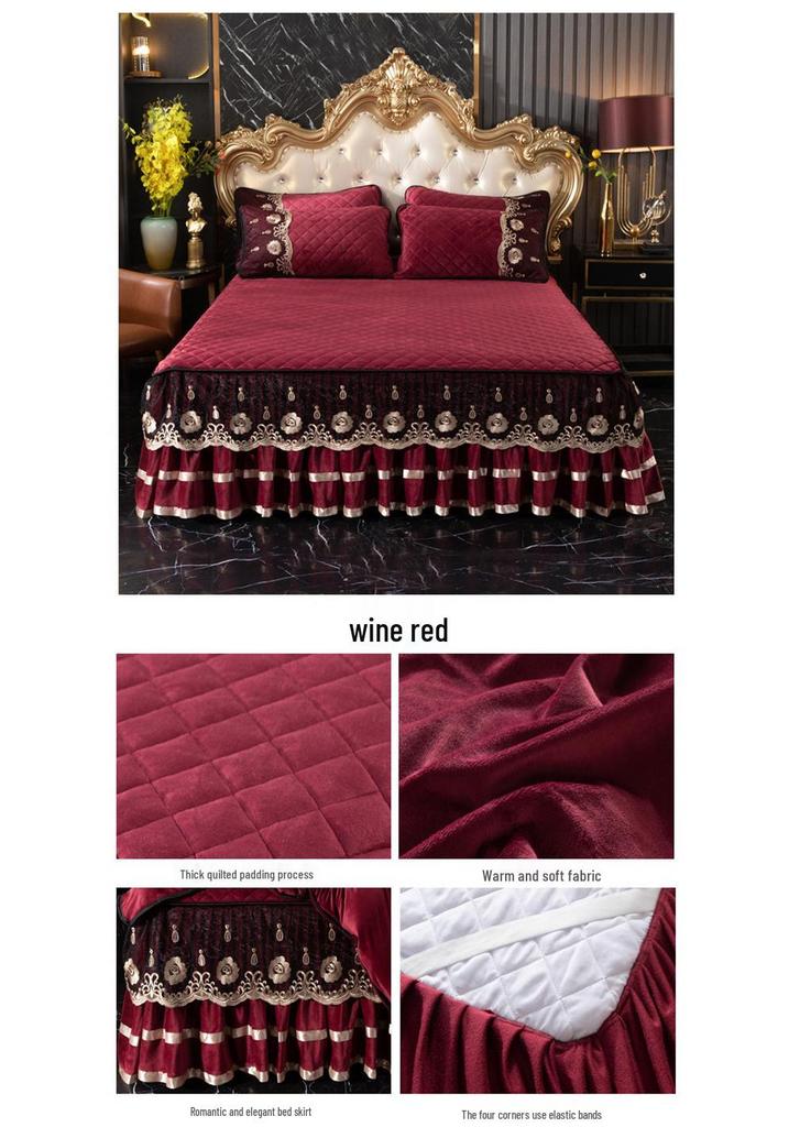 European Crystal Velvet Quilted Bed Skirt - Autumn/Winter Thick Lace Bedspread, Non-slip Flannel, 1.5m/1.8m Bedding Set